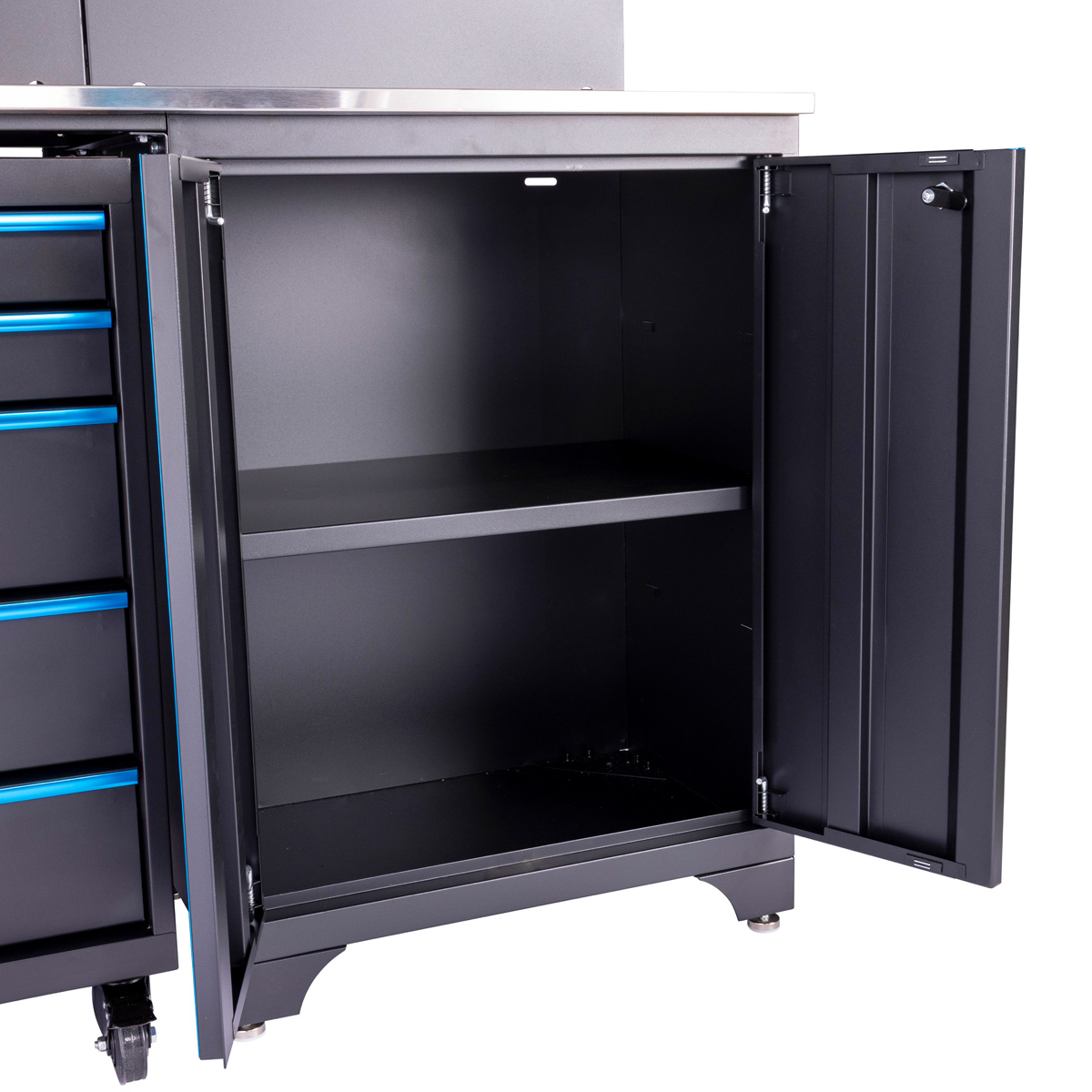 SGS 6pc Garage Storage System | Stainless Work Bench | Wheeled Cabinet | Wall Shelving | Tall Double Side Cabinet | Blue